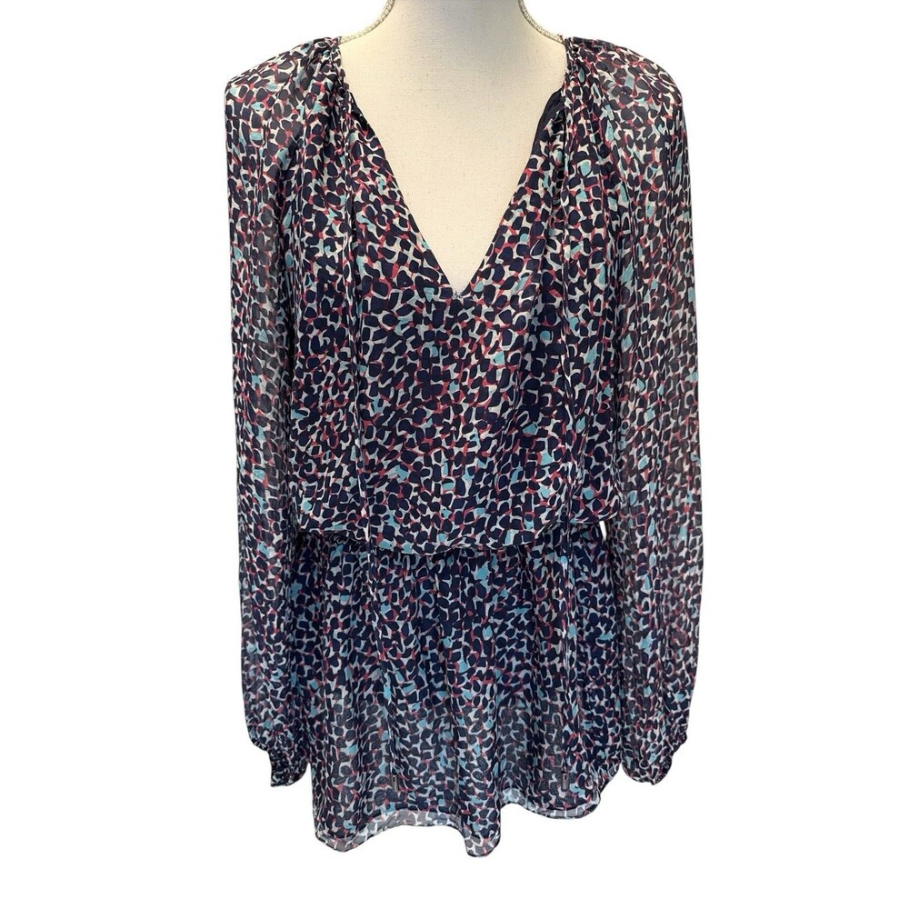 Ramy Brook Josie Smocked Mini Dress 100% Silk Blue Abstract Print XS $445 EUC